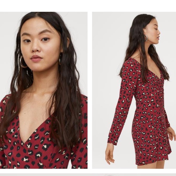 H&M maroon leopard print long sleeve wrap dress size 0 - Picture 2 of 10